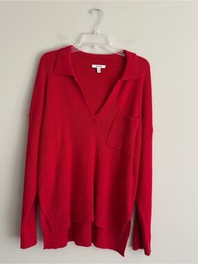 Splendid Bright Red V-Neck Ribbed Collared V-Neck Knit Sweater Size M